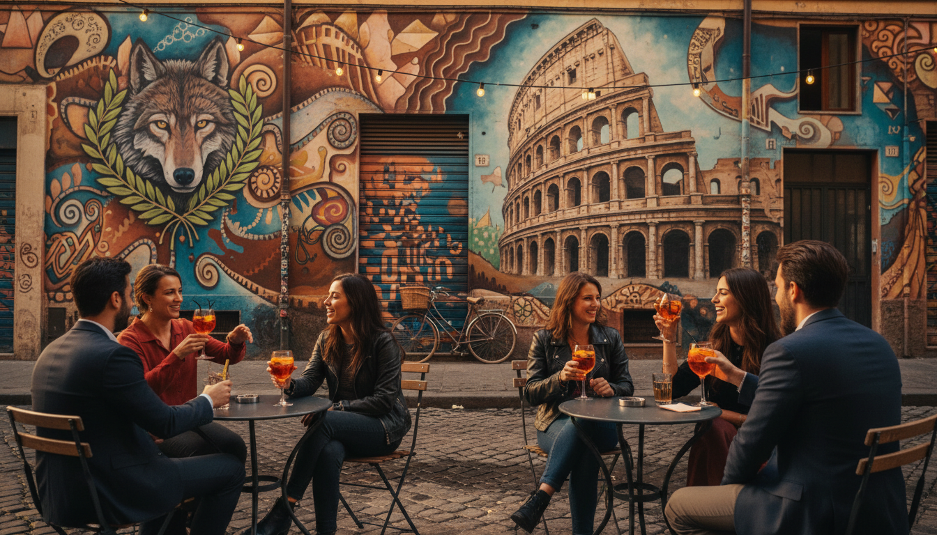 Street art-covered walls in Pigneto, outdoor caf tables with young Romans drinking aperitivo, warm e