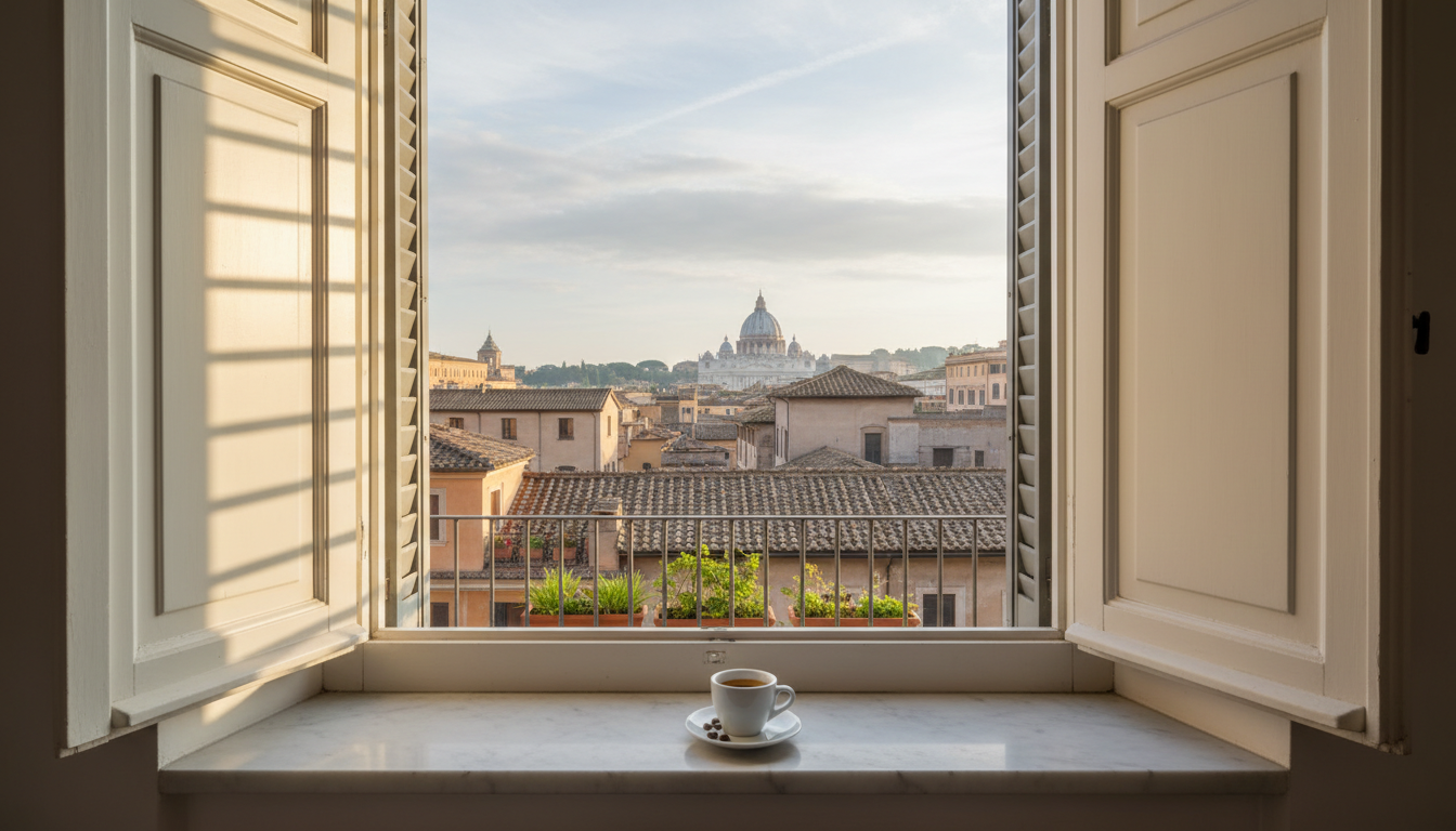 Morning light streaming through shuttered windows in a traditional Roman apartment, espresso cup on