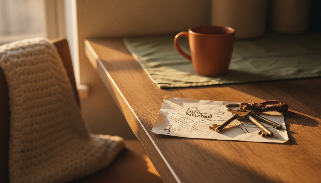 Handwritten note on a kitchen counter with local recommendations, a hand-drawn map, and a set of old
