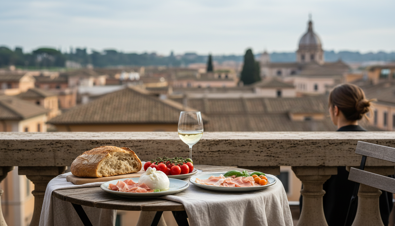 A simple Italian lunch spread on a small balcony table fresh bread, prosciutto, burrata, tomatoes, a