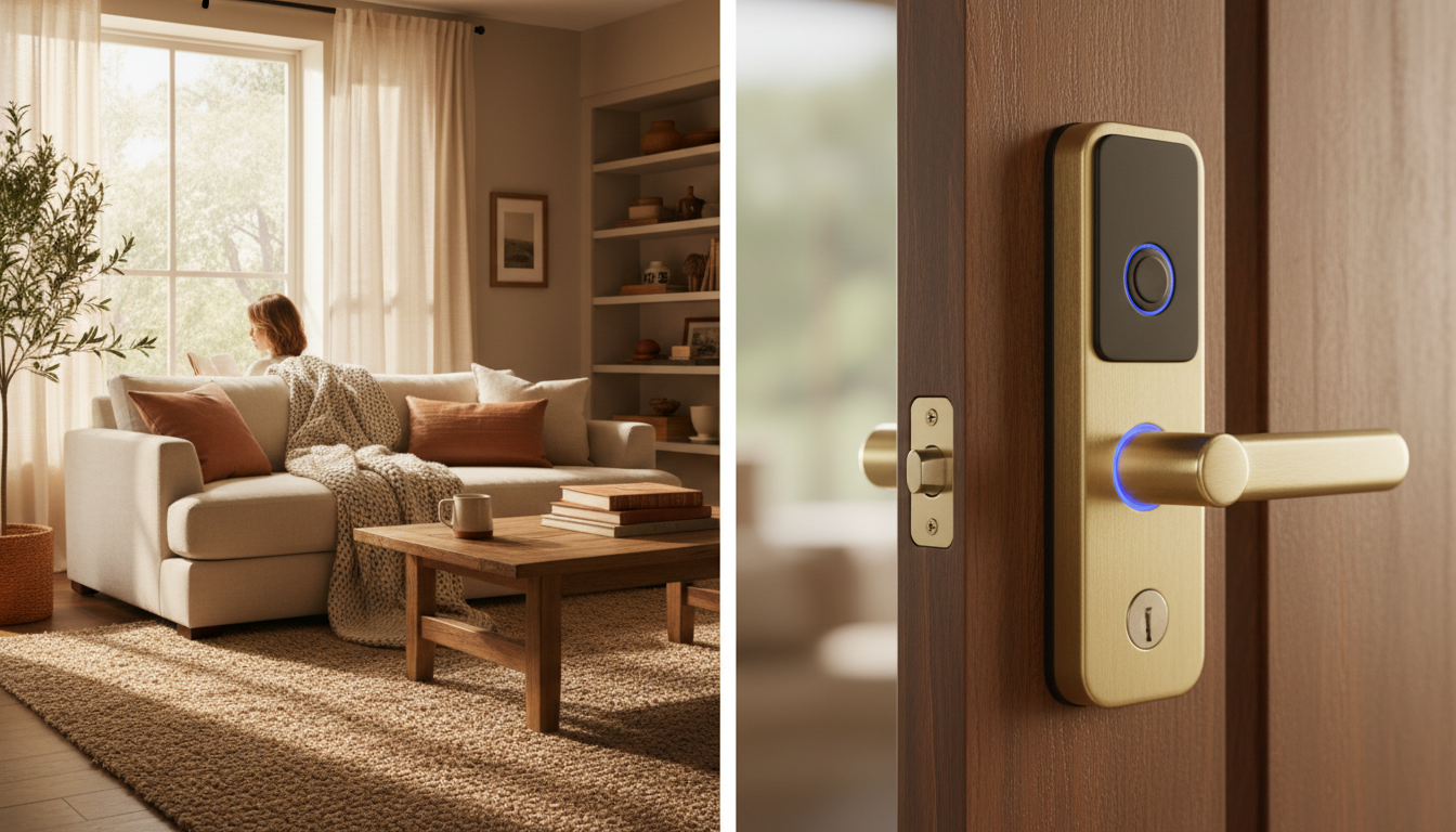 Split-screen showing a cozy living room on one side and a secure door lock on the other, warm aftern