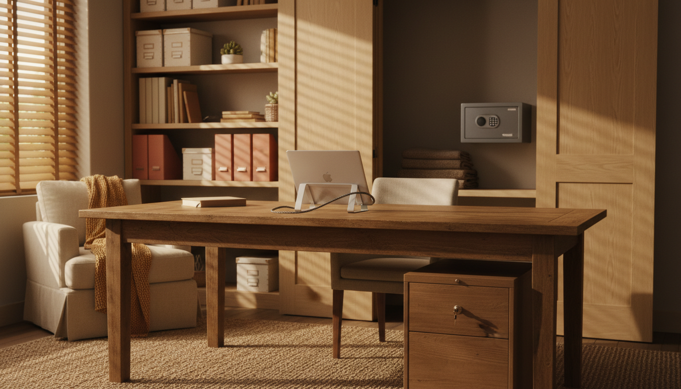 A well-organized home office with a small safe visible in the closet, laptop secured, personal docum