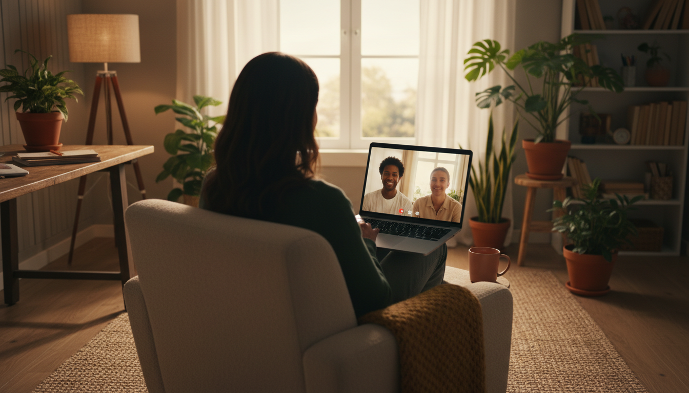Person on laptop having a video call, split screen showing both participants smiling, cozy home offi