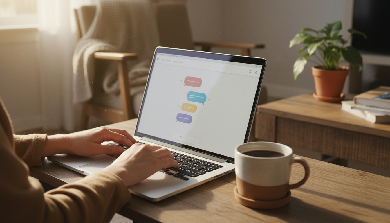 Close-up of hands typing on a laptop showing a messaging interface, with a cup of coffee nearby, mor
