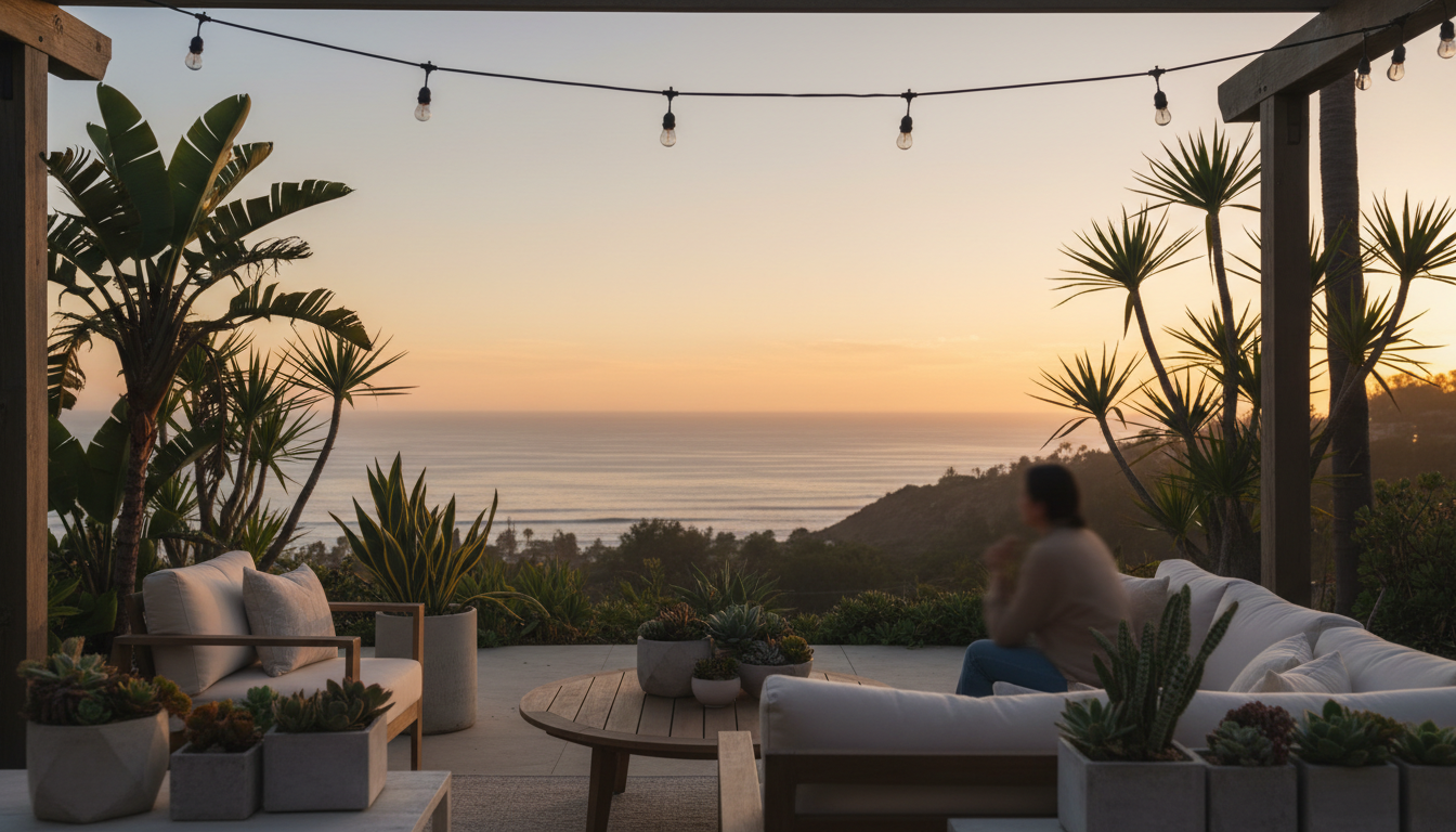 Golden hour view from a hillside home in San Diego, showing the Pacific Ocean in the distance, palm