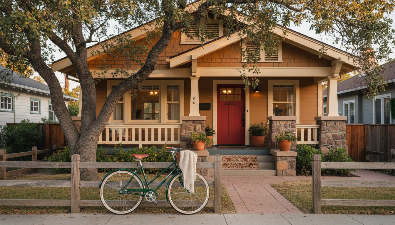 A charming 1920s Craftsman bungalow in North Park with a red front door, white porch railings, matur