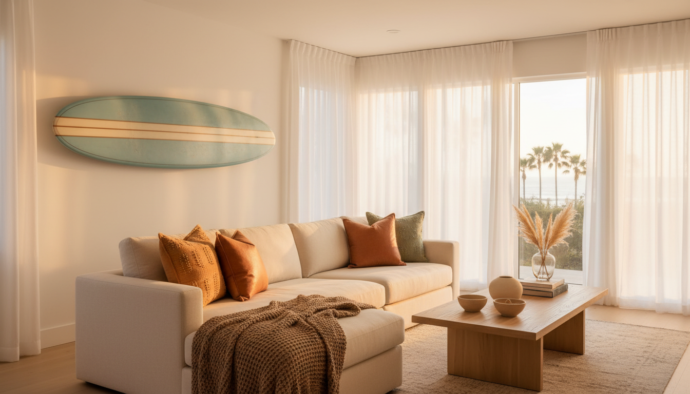 Interior of a bright, airy San Diego home with white walls, a comfortable sectional sofa, large wind