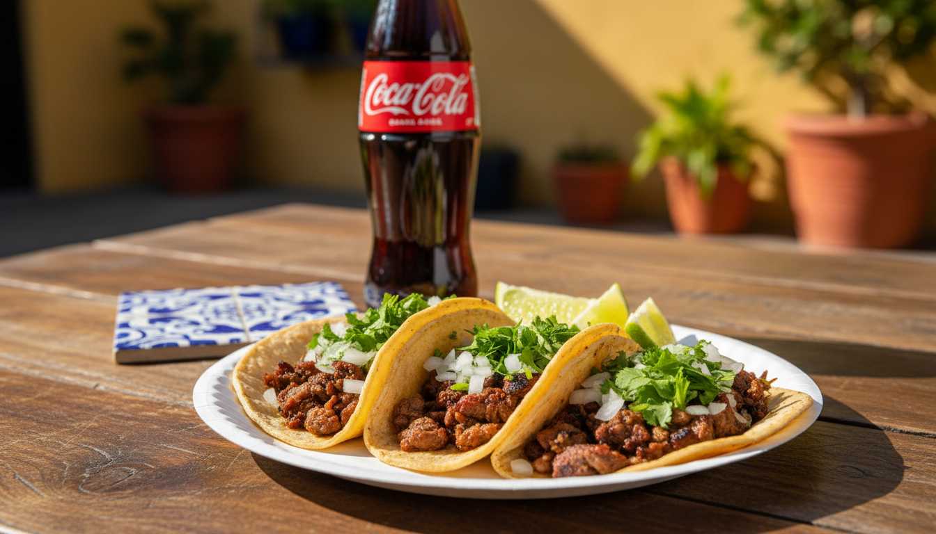 Close-up of authentic San Diego street tacos on a paper plate, with carne asada, fresh cilantro, dic