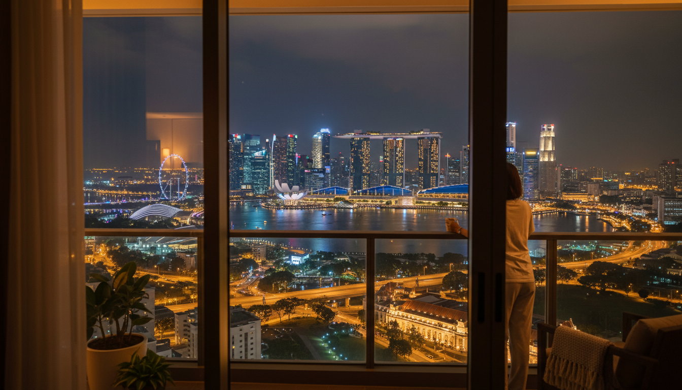nighttime view of Marina Bay Sands and Singapore skyline from a high-rise apartment balcony, warm in