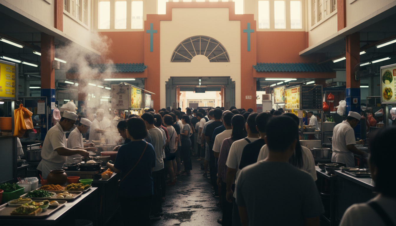 morning scene at Tiong Bahru Market, locals queuing for traditional breakfast, art deco architecture