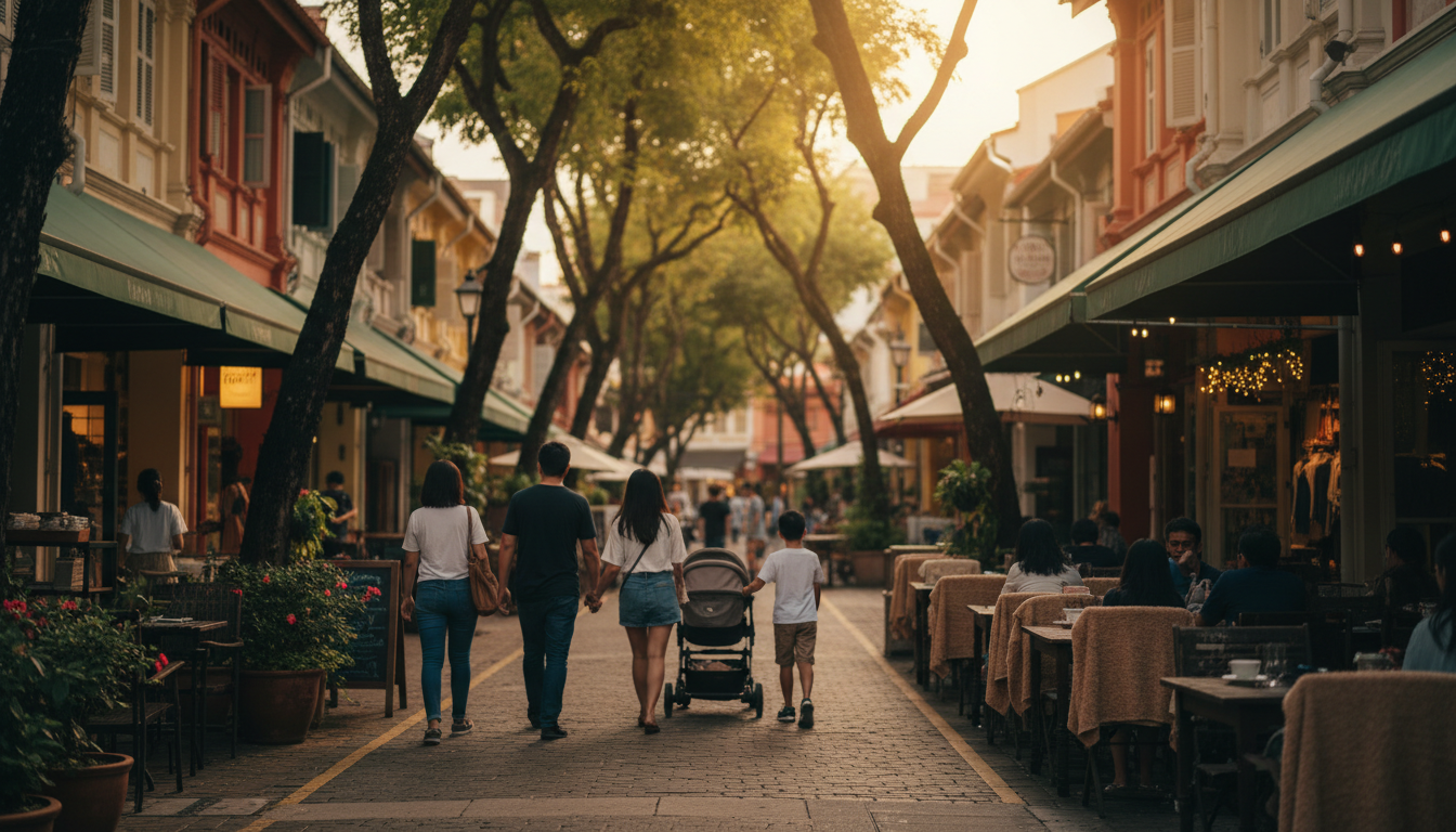 tree-lined street in Holland Village with outdoor cafes, expat families walking, colonial-era shopho