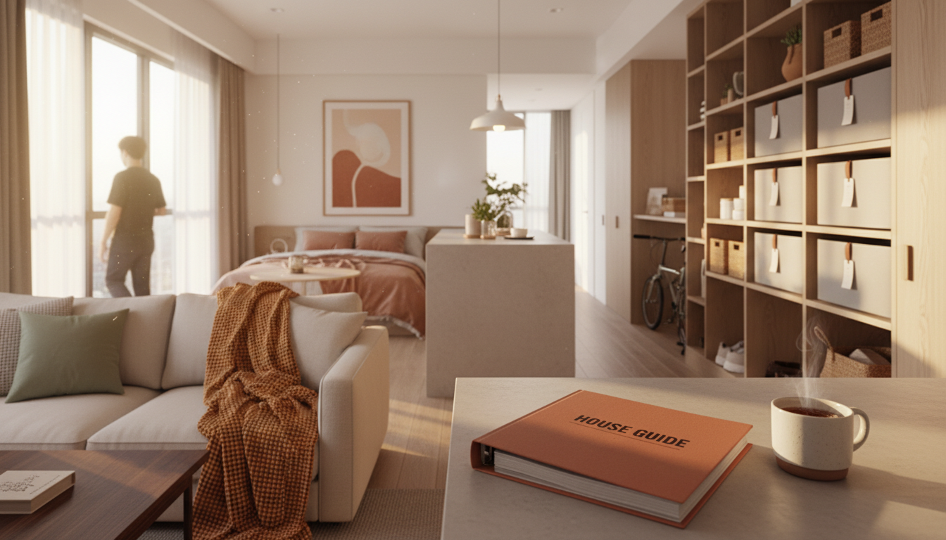 organized Singapore apartment interior showing labeled storage areas, house manual on counter, moder