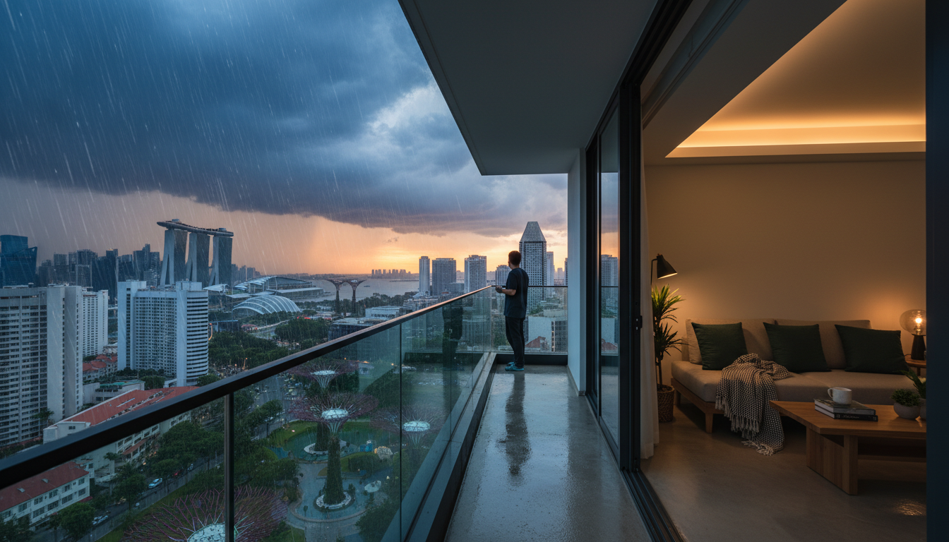 afternoon thunderstorm over Singapore skyline viewed from covered balcony, dramatic clouds, rain str