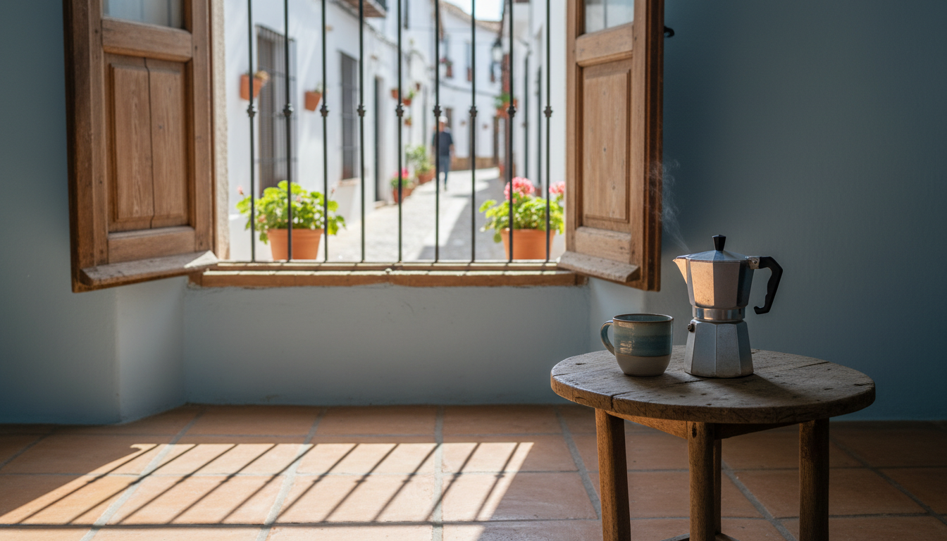 Morning sunlight streaming through traditional wooden shutters onto terracotta floor tiles, with a s