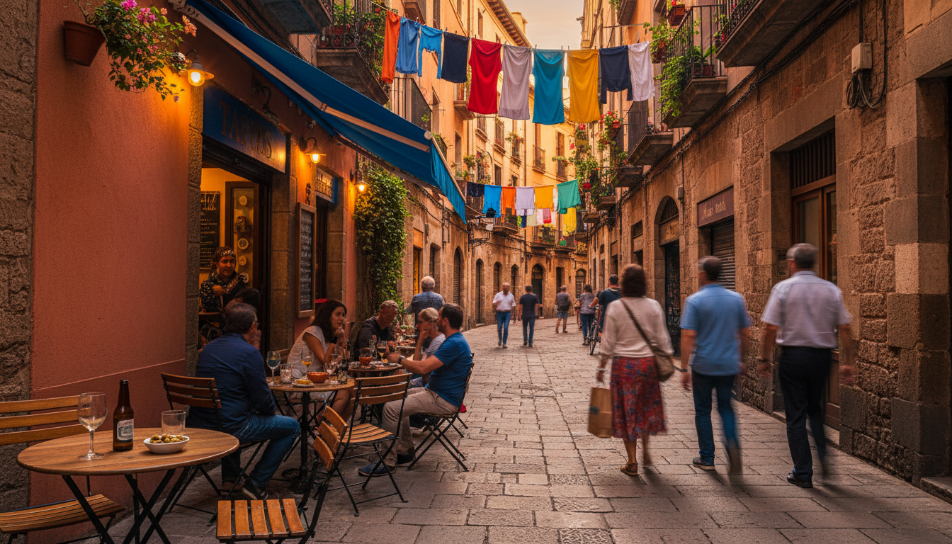 Narrow medieval street in El Born with laundry hanging between buildings, small tapas bar with outdo