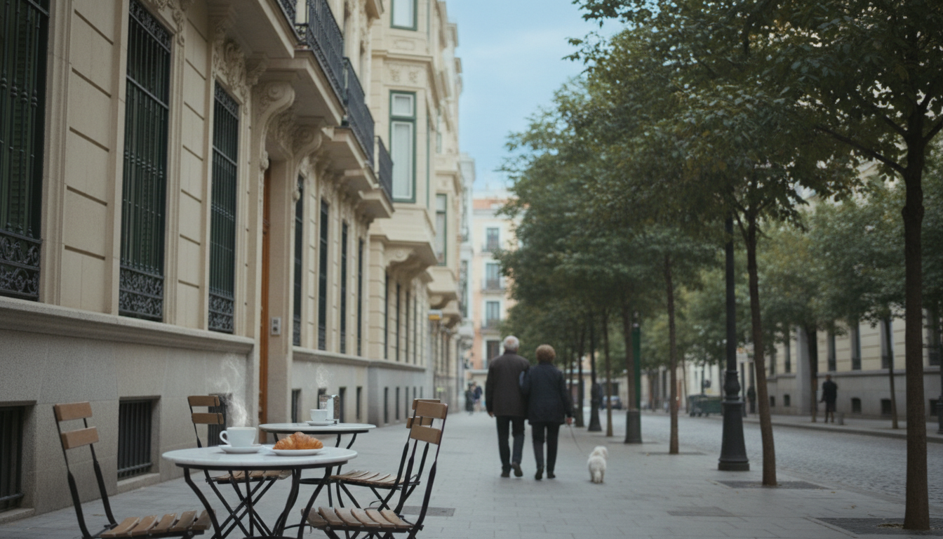 Tree-lined street in Chamber with ornate early 20th-century building facades, small caf with marble