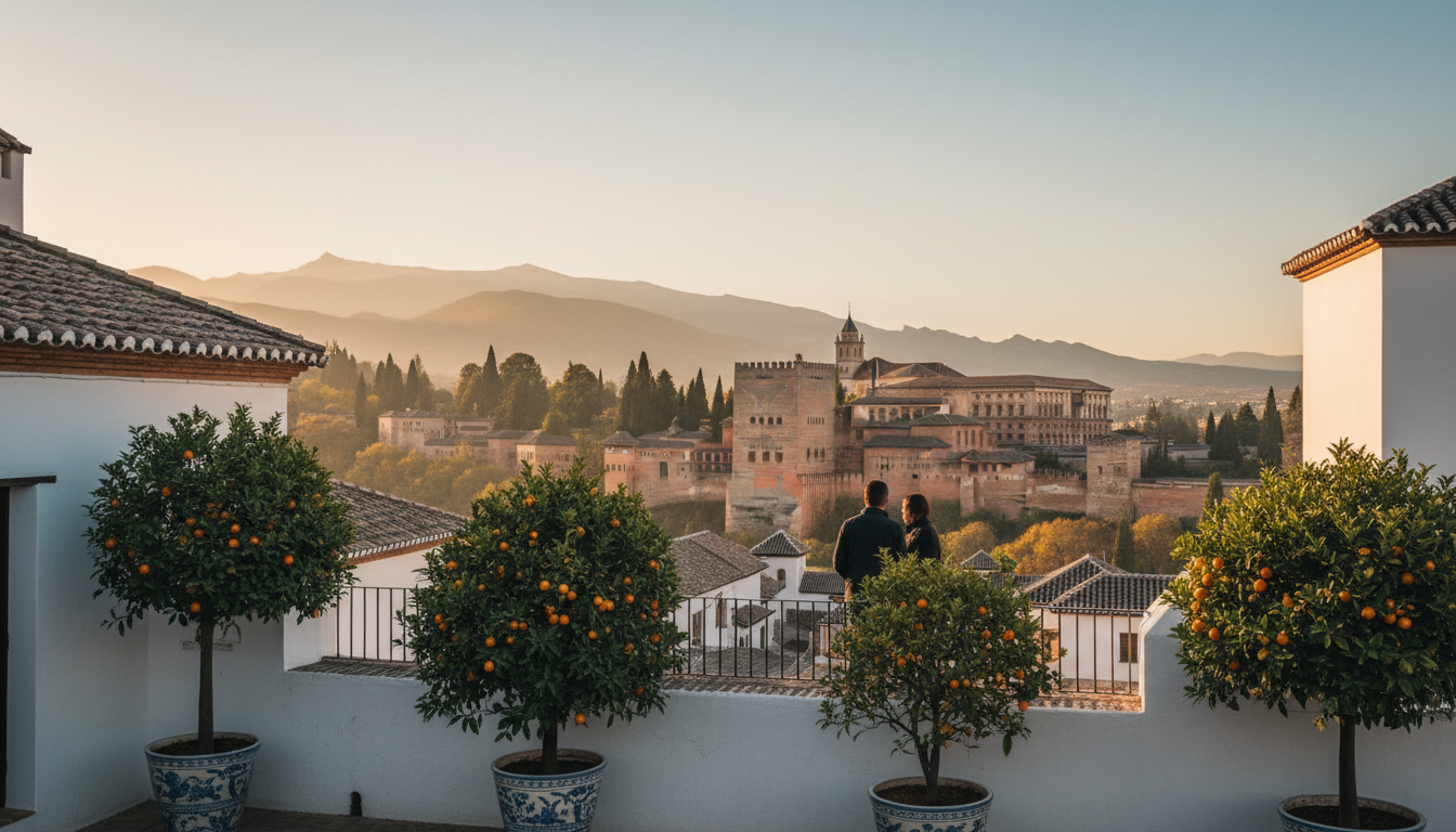 View of the Alhambra at sunset from an Albaicn terrace, traditional whitewashed walls with blue cera
