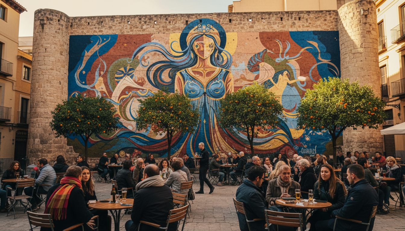 Street art mural on medieval stone wall in El Carmen, small plaza with orange trees, people sitting