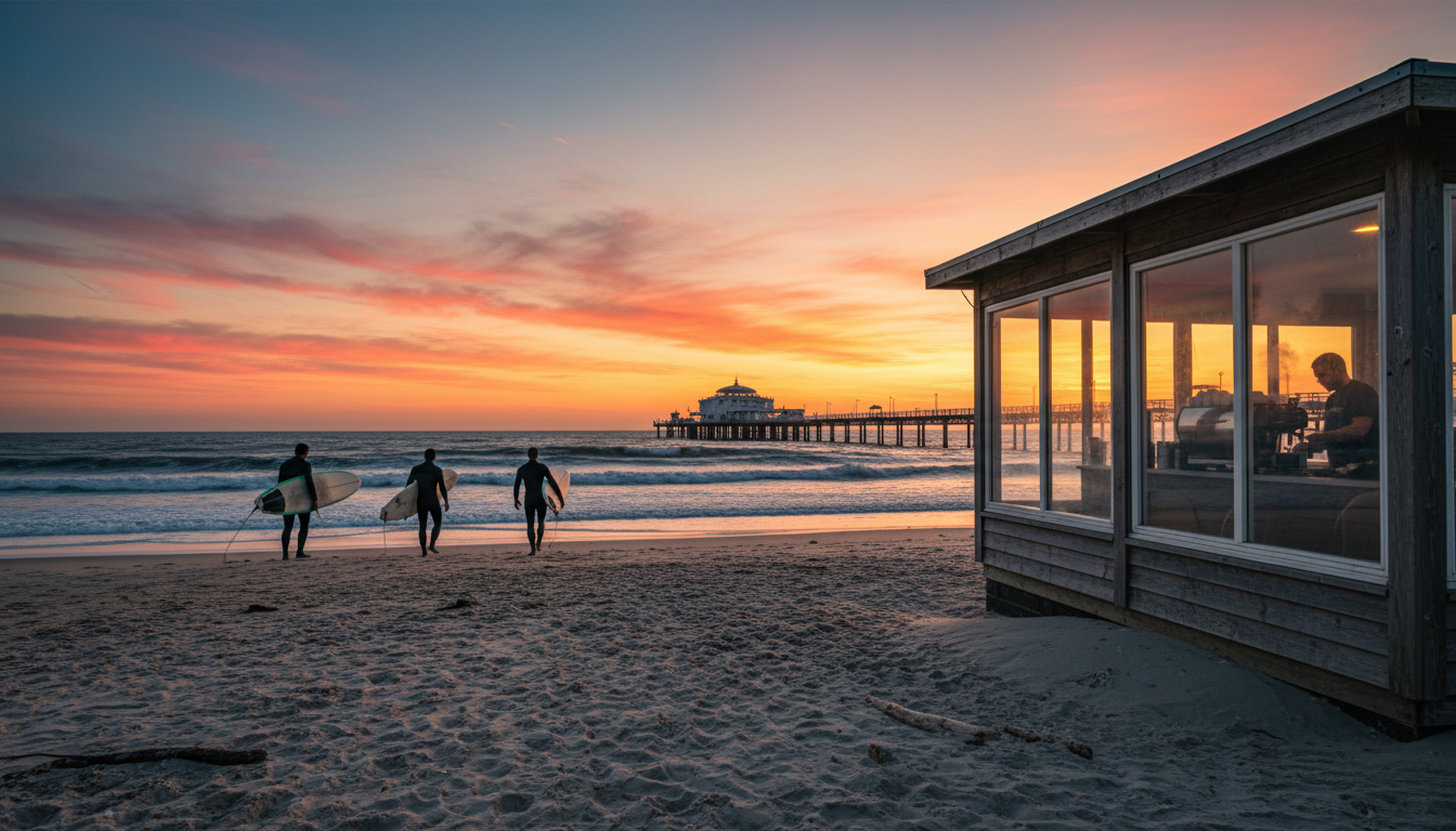 Early morning on Scheveningen beach with the iconic pier in the distance, a few surfers in wetsuits