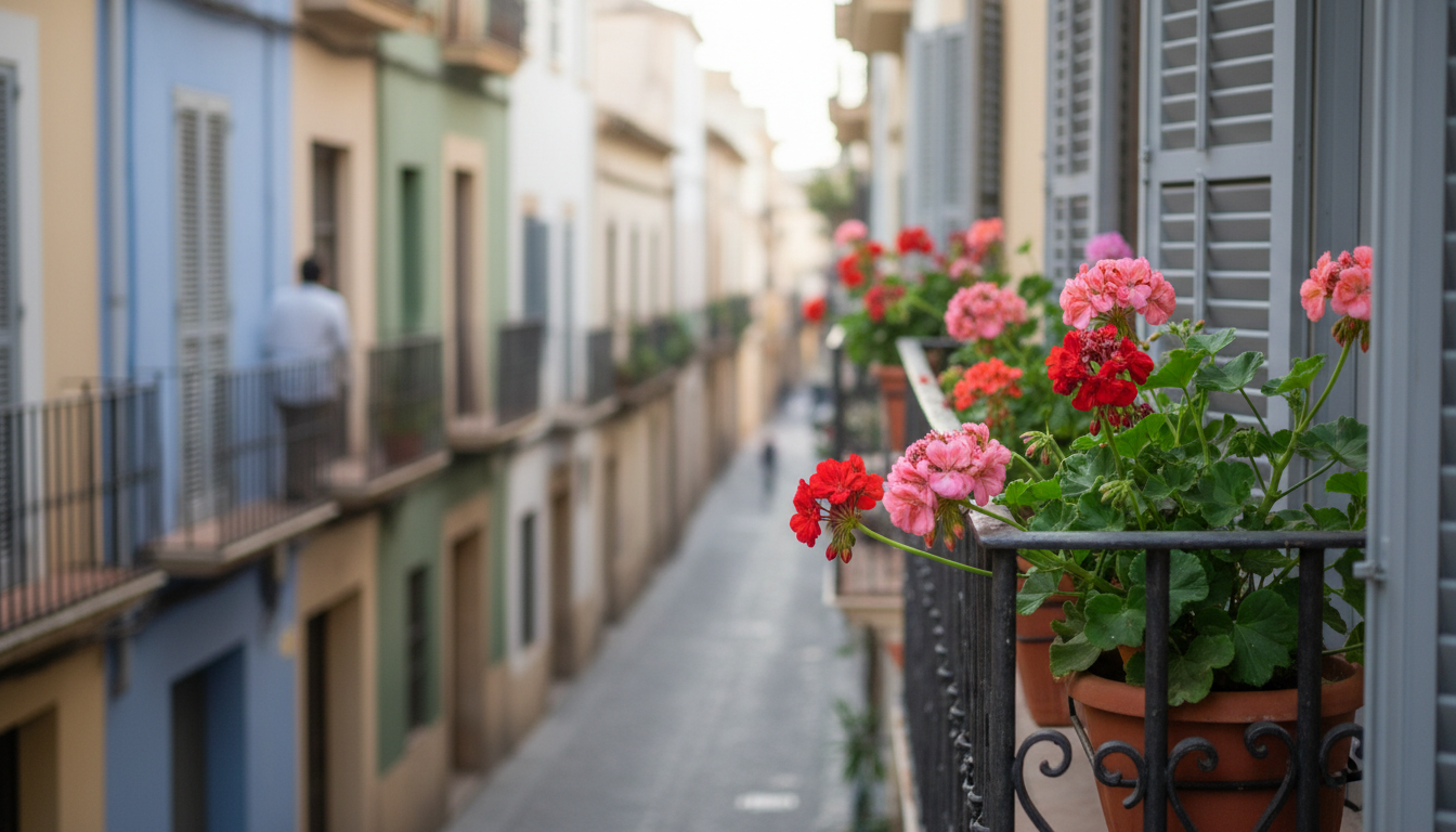 Early morning light on a traditional Valencian balcony with wrought-iron railings, terracotta pots o