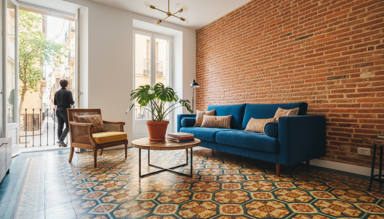 Interior of a renovated Ruzafa apartment showing original hydraulic tile floors in geometric pattern