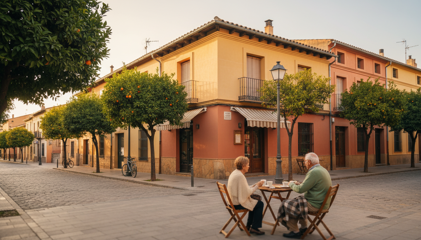 Quiet street in Benimaclet with low-rise houses painted in warm yellows and oranges, orange trees li