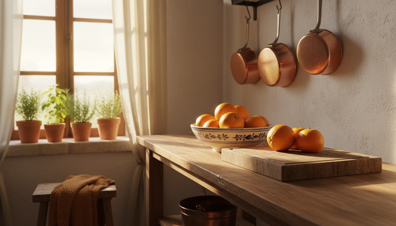 Kitchen counter in a Valencian home showing a ceramic bowl of fresh oranges, a worn wooden cutting b