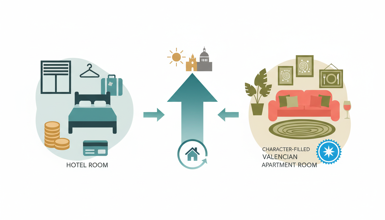 Split-screen comparison showing a generic hotel room on one side and a character-filled Valencian ap