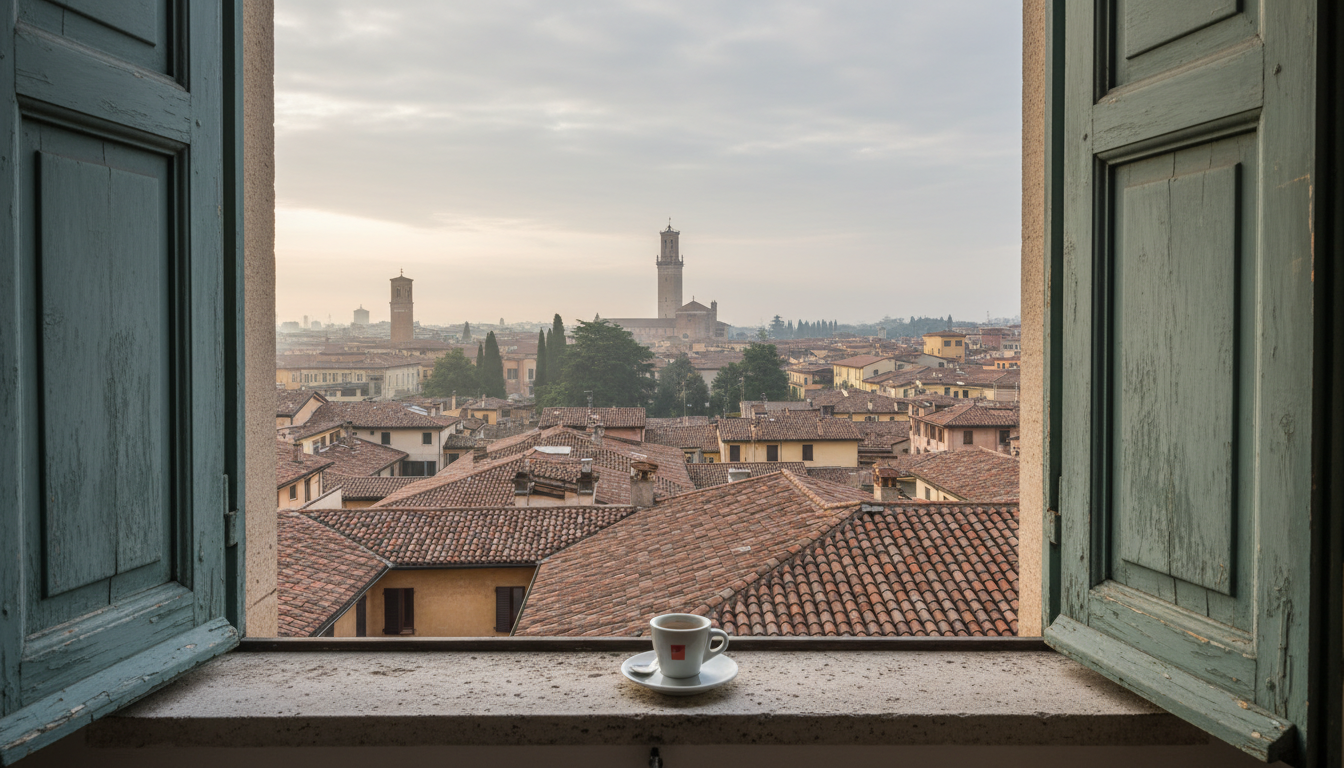 View from a traditional Veronese apartment window overlooking terracotta rooftops and the Torre dei