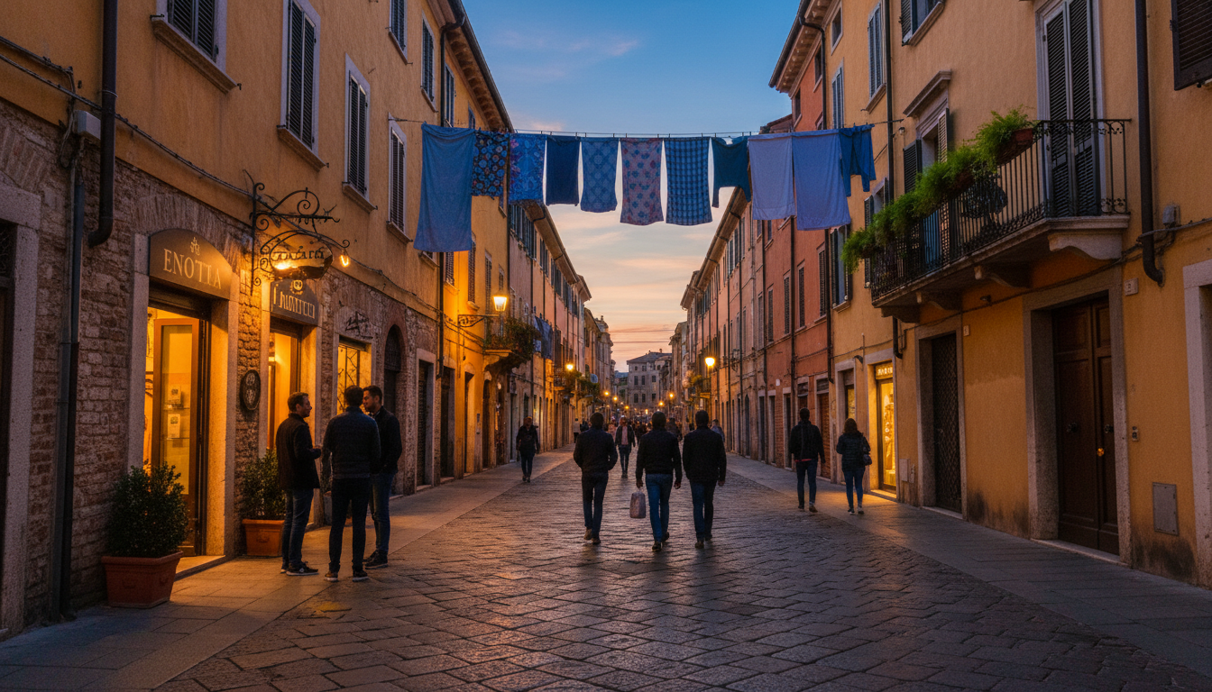 Charming cobblestone street in Veronas centro storico at dusk, with warm light spilling from apartme