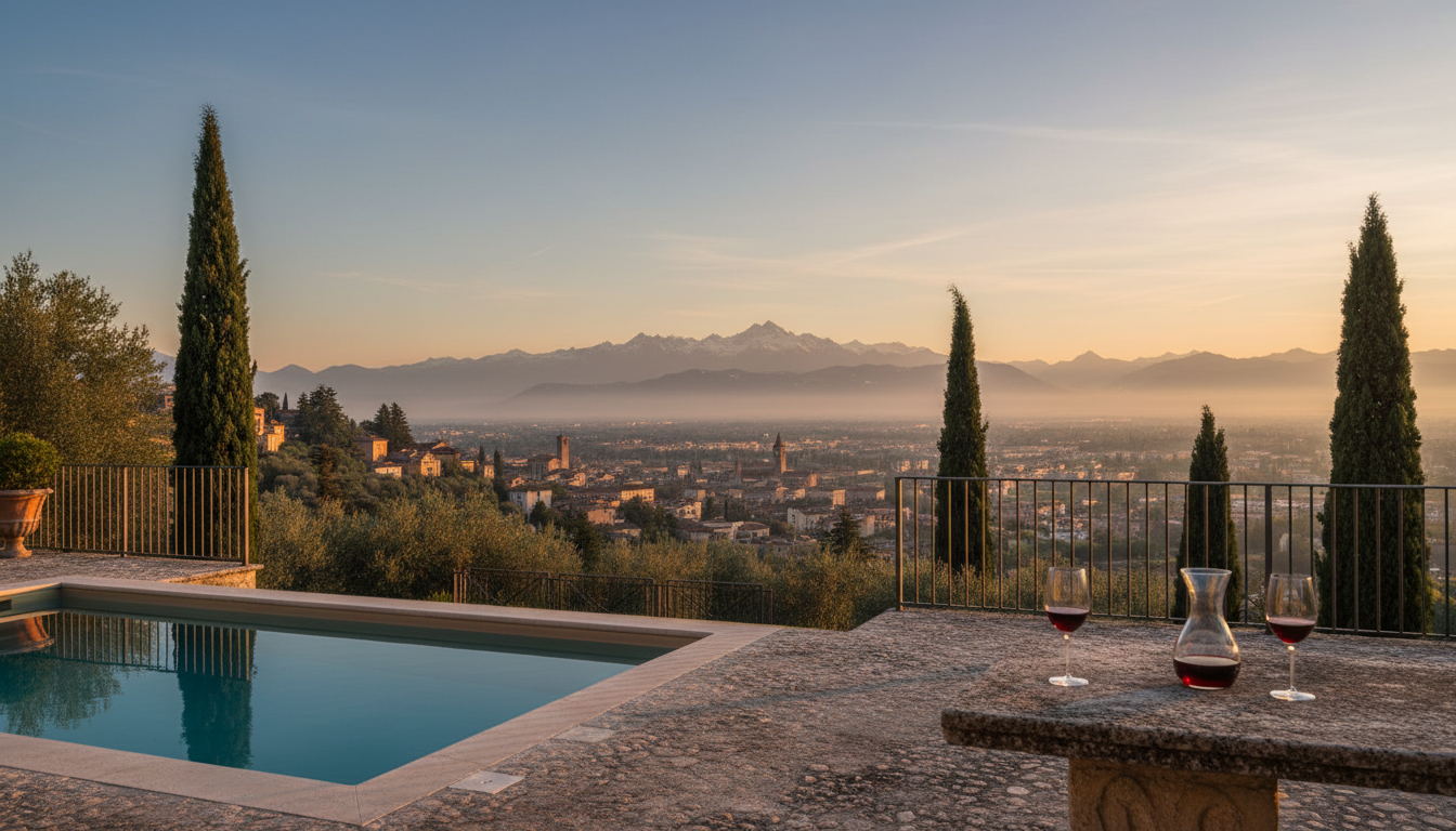 Elegant villa terrace in the Verona hills with cypress trees, a small swimming pool, and panoramic v