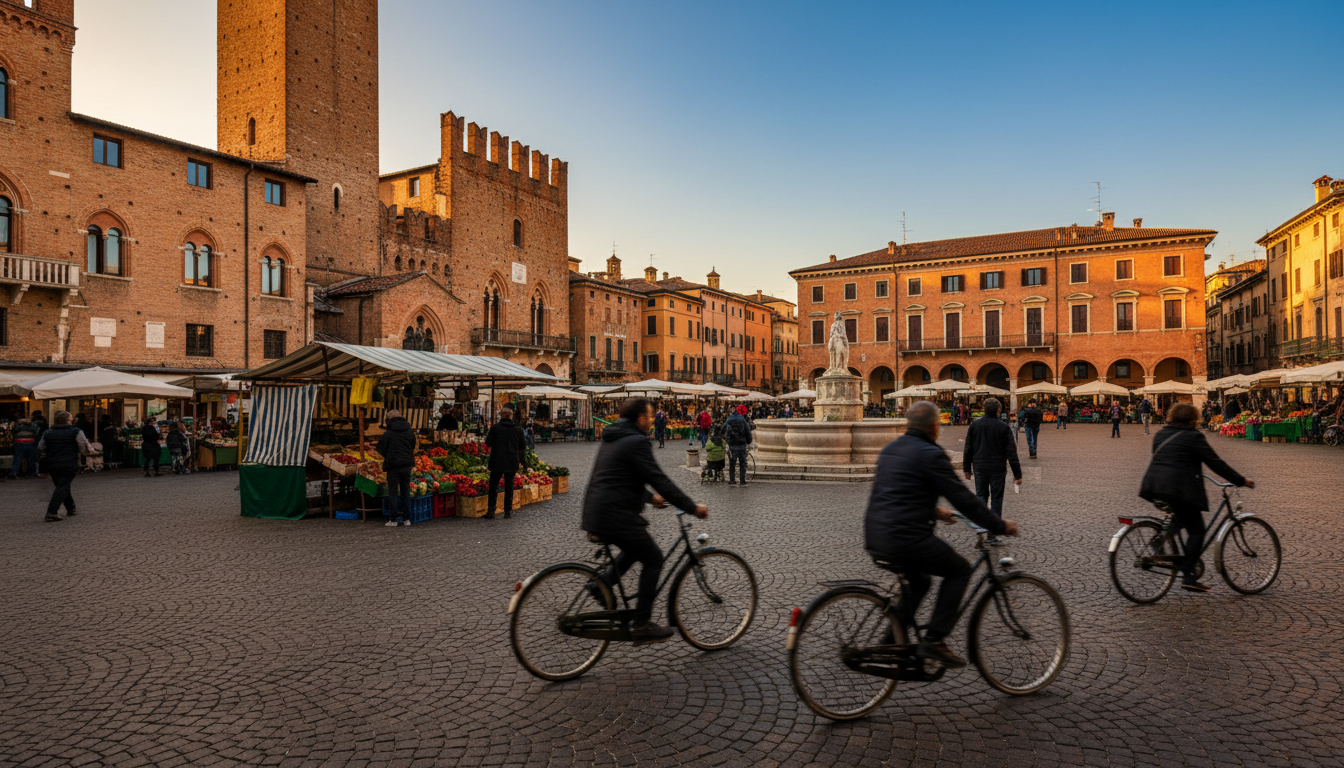Veronas Piazza delle Erbe during shoulder season, morning light on the medieval buildings, market st