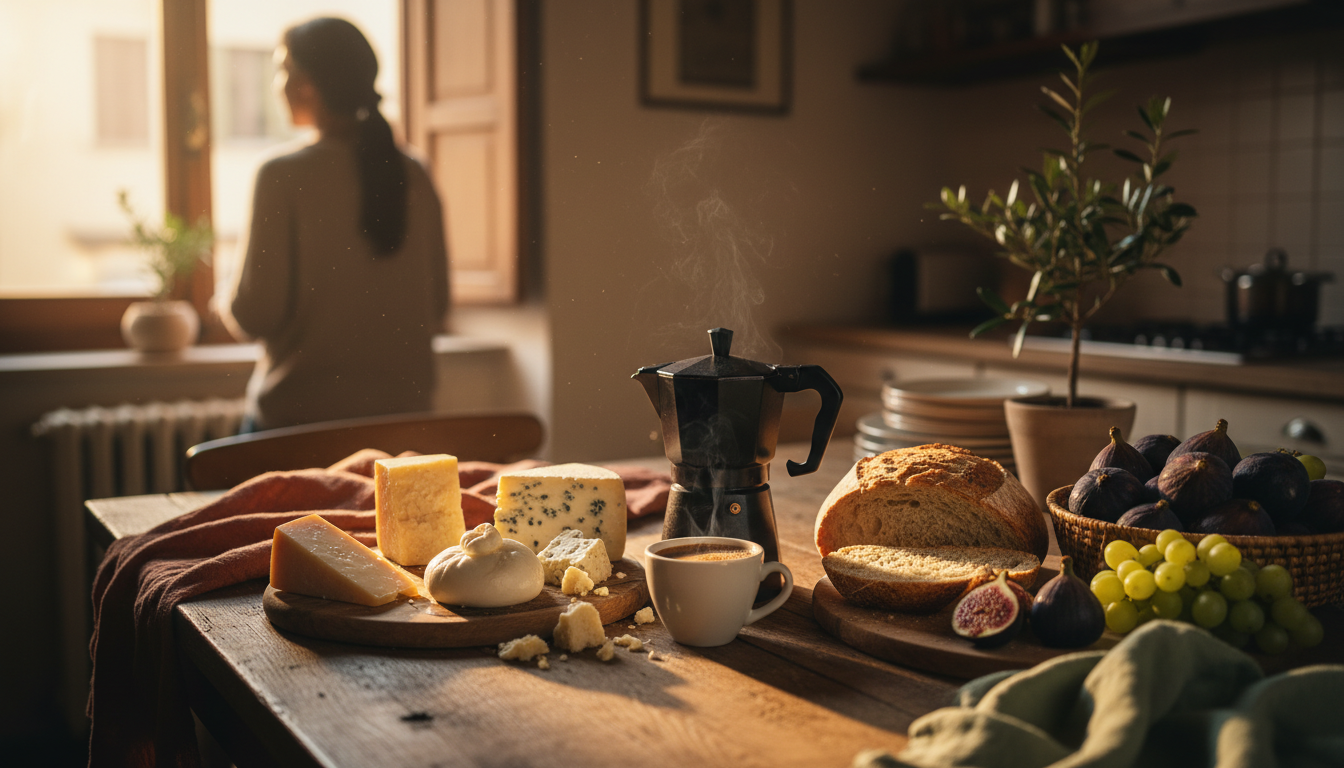 Close-up of a rustic Italian breakfast spread on a wooden table in a Verona apartment kitchenfresh b