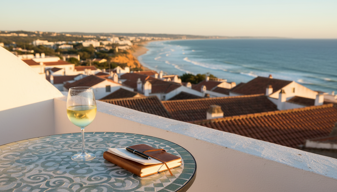 Golden hour view from a whitewashed terrace in Lagos, overlooking terracotta rooftops cascading down