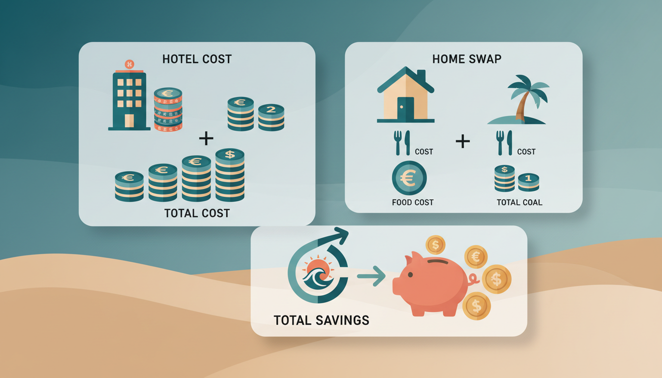 Infographic comparing hotel costs vs home swap costs over 14 nights in Algarve, with euro and dollar