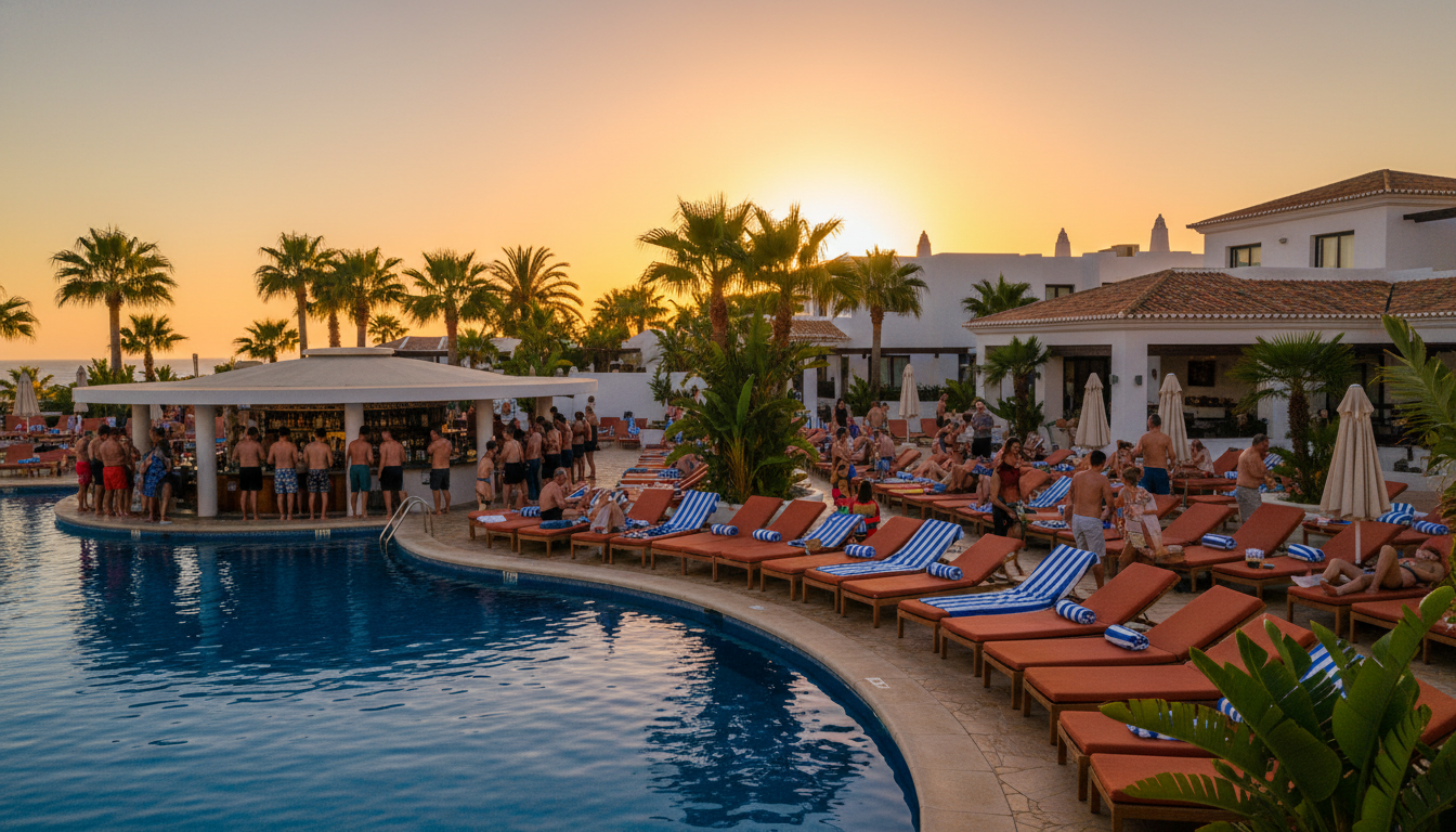 Crowded hotel pool area in Algarve with rows of sun loungers, tourists in matching resort towels, an