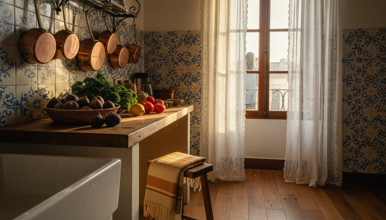 Cozy kitchen interior in a traditional Portuguese apartment, with blue and white azulejo tiles, copp