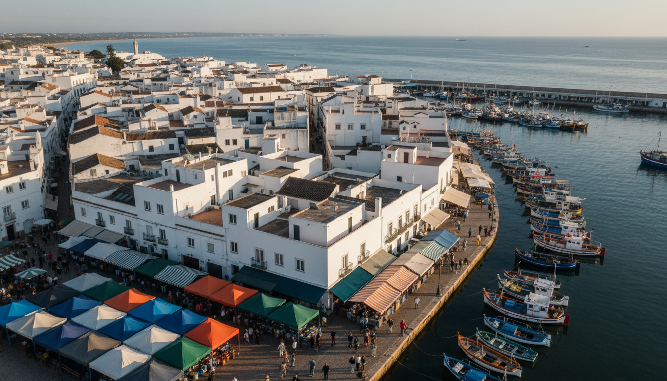 Aerial view of Olhos distinctive cubist white buildings with flat rooftops, the morning fish market