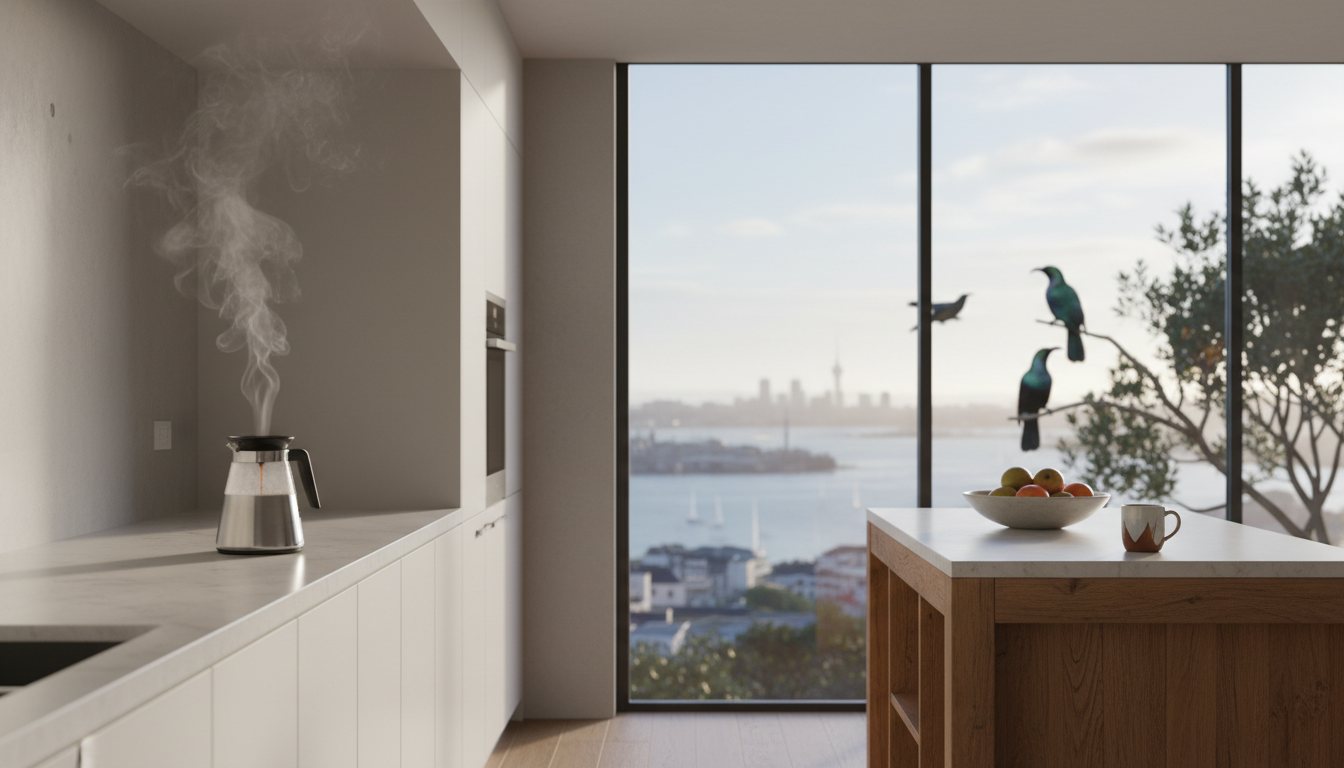 Morning light streaming through a modern Auckland kitchen with harbor views, coffee brewing on the c