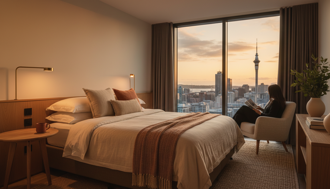 Auckland CBD hotel room interior, compact but modern, city view through window, showing typical mid-