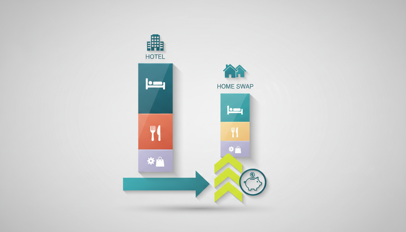 Infographic showing side-by-side cost comparison bars - hotel costs vs home swap costs broken down b