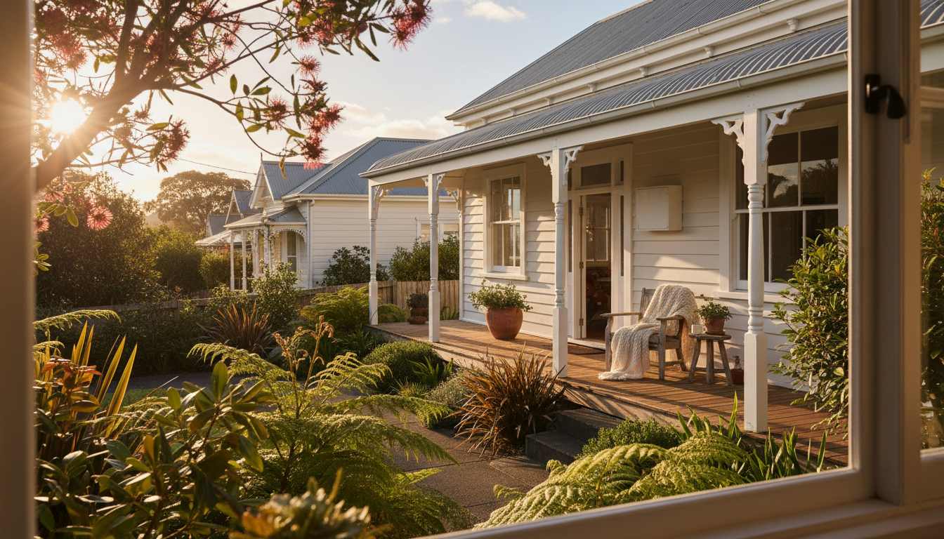 Charming Auckland villa exterior in Ponsonby, white weatherboard with native garden, veranda with mo