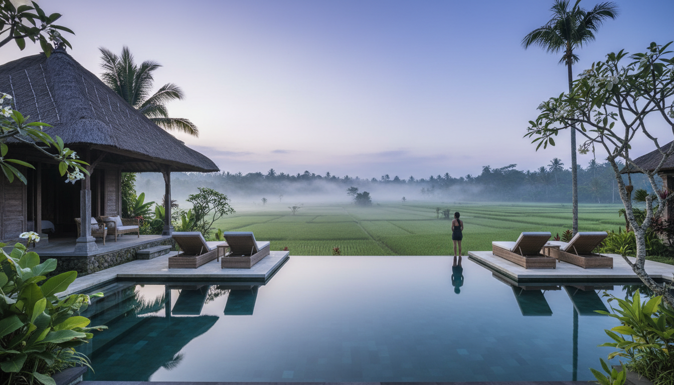 Traditional Balinese villa with infinity pool overlooking terraced rice paddies in Ubud, morning mis