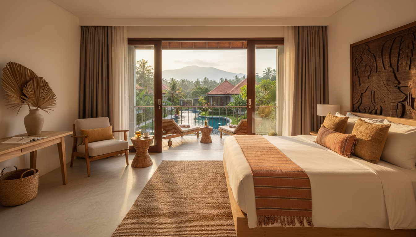 Typical Bali hotel room with modern furnishings, balcony view of pool area, neutral tones with Balin
