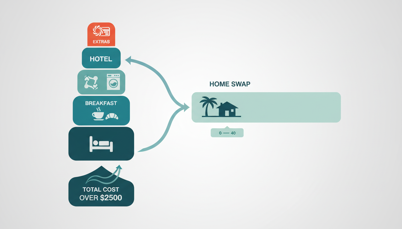 Infographic showing side-by-side cost comparison hotel column showing stacked costs room, taxes, bre