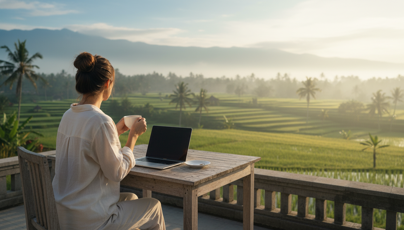 Morning scene on a Balinese villa terrace, woman in casual clothes with coffee cup, laptop open, ric