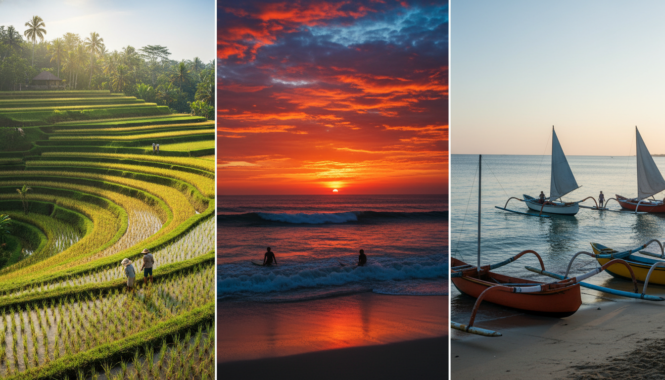 Collage-style image showing three Bali neighborhoods Ubud rice terraces, Canggu beach sunset with su