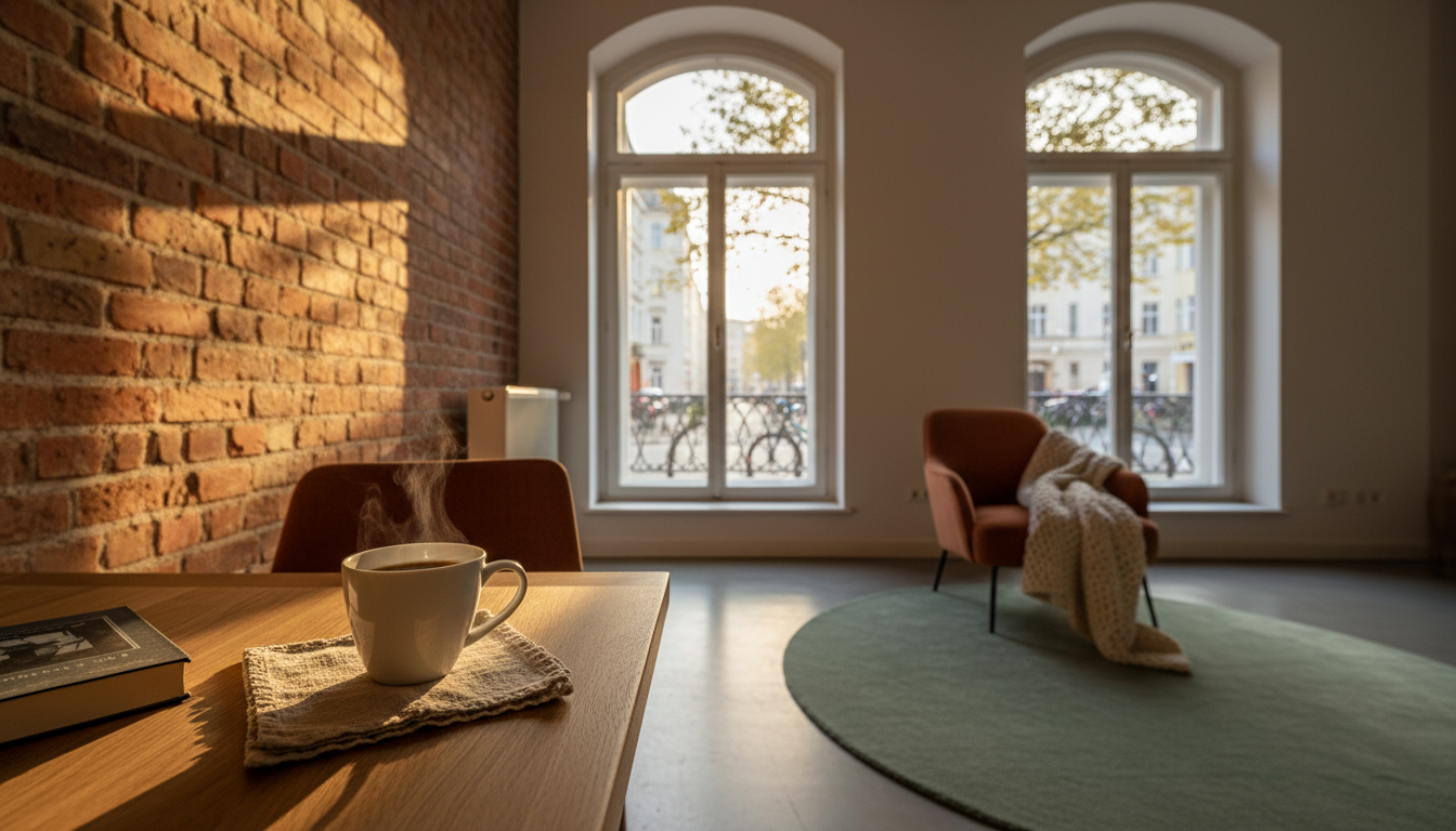 Morning light streaming through tall windows in a Berlin apartment, exposed brick walls, vintage fur