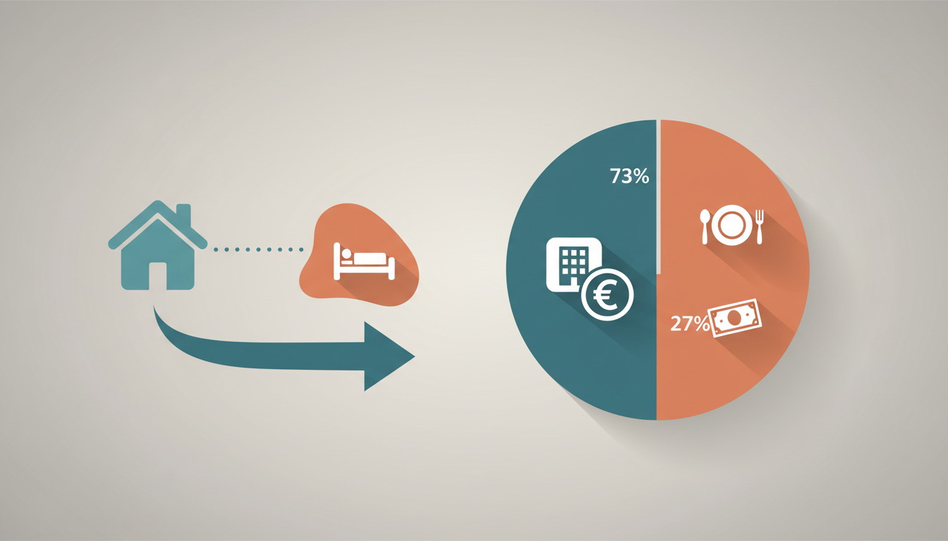 Infographic showing cost breakdown pie chart - hotel accommodation taking up 73, food costs 27, with