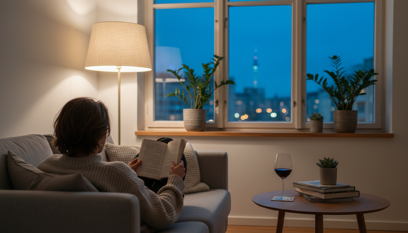 Cozy evening scene in Berlin apartment - person reading on sofa with lamp light, wine glass on coffe
